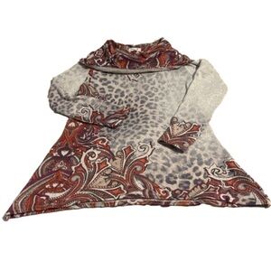 ONE WORLD Tan Animal  EMBELLISHED GRAPHIC LONG SLEEVE COWL NECK TOP Shirt Sz Sm